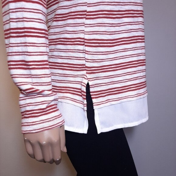 3/$20 Denver Hayes Striped Knit Top Faux Layered Hem Cotton Burgundy White - Picture 9 of 13
